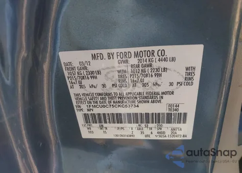 2012 Ford Escape Xls z USA, uszkodzony, nr VIN 1FMCU0C75CKC53734